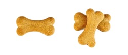 Top view of crunchy brown bone shaped dog biscuit as a treat set isolated on white background close up