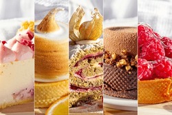 Different sweet desserts (lemon, chocolate and raspberry tarts, meringue roulade and Pavlova cake) close up as a food collage