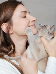 Young beautiful woman with cat. Love cats and humans. Relationship weasel.