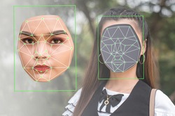 Deepfake concept matching facial movements with a different face of another woman in a photo. Face swapping or impersonation.