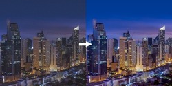 Example of Denoising Ai technology, a noisy and grainy photo of a city on the left, and an enhanced photo with extra vibrance and color.