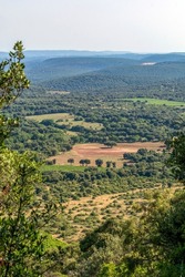 Rural landscape view on the valley of Pic Saint-Loup mountain in Languedoc-Roussillon, southern France