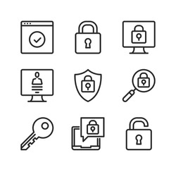 Computer protection vector line icons. Cybersecurity, computer security concepts. Simple outline symbols, modern linear graphic elements collection. Line icons set