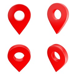 Map pointer pin isolated on white background. Red location icon set. 3D rendering