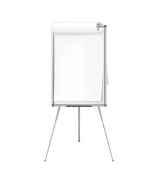 Flipchart whiteboard easel with blank paper sheet, vector mock-up. Tripod flip chart pad white board, realistic mockup.