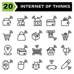 Internet of things icon set include toaster, bread, internet of things, mixer, grinder, coffee, credit card, payment, wallet, money, trolley, cart, bag, box, package, buy, gift, pin, location,bar code