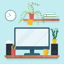 Workplace - computer, speakers, books, pencils, flowerpot, mug. Home office. Flat vector illustration