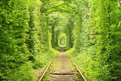 Klevan, Ukraine, 2018: Tunnel of Love in the northern Ukraine in summer, side railway track is a beautiful and magic place surrounded by trees visited by lovers