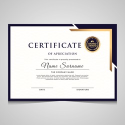 Modern elegant blue and gold diploma certificate template. Use for print, certificate, diploma, graduation