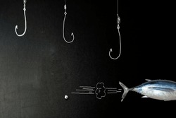 Don't take the bait, run away from traps, concept. Smart fish not taking the hooks, on a black chalkboard with blank space for text.