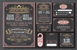 Vintage wedding invitation chalkboard design sets include Invitation card, Save the date, RSVP card, Thank you card, Table number, Gift tags, Place cards, Respond card, Save the date door hanger
