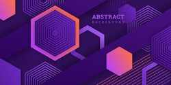 Geometric abstract background with hexagons. Colorful gradient banner 3D. Vector illustration with polygons in paper style. Violet backdrop with geometric shapes. Design wallpaper, flyer, poster.