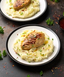 Vegan vegetarian Plant based chicken breast served with mashed potato