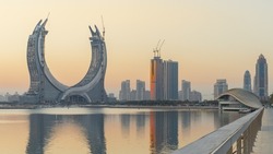 Lusail, Qatar- 19 October 2021: The beautiful newly developing city with many skyscrapers , shot during sunrise