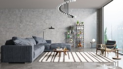 Modern interior design of a living room in an apartment, house, office, comfortable sofa, bright modern interior details and light from a window on a concrete wall background.