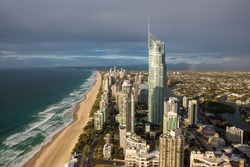 Aerial view of Gold Coast , with rainbow over suburbs