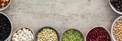 Banner of various types of legumes in bowls, green and yellow peas, chickpeas and peanuts, colored beans and lentils, mung beans and beans, top view, copy space