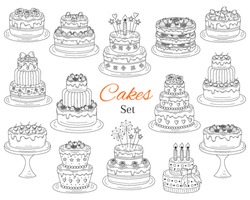 Cakes set, vector hand drawn doodle illustration. Different types of tasty cakes.  Birthday, wedding, cherry, strawberry and chocolate cakes collection, isolated on white background.