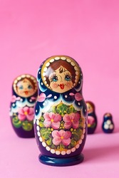 Matryoshka set of wooden toys in Russian national style, traditional souvenir from Russia, selective focus