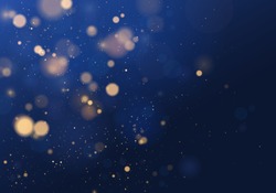 Blurred bokeh light on dark blue background. Christmas and New Year holidays template. Abstract glitter defocused blinking stars and sparks. Vector EPS 10