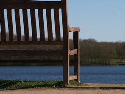 Empty wooden bench by the lake in countryside medium shot