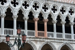 Front view of Doge's Palace facade in Venice, Italy,