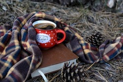 Vintage cup of hot coffee draped in a scarf on old book next to pine cones and pine needles in natural park.