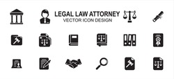 Simple Set of legal law attorney Related Vector icon user interface graphic design. Contains such Icons as court, judge, justice scale, scroll, constitution, hammer, handshake, book, writing,