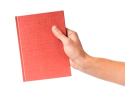 Male hand holding a book isolated on a white background