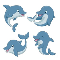Cute cartoon dolphins set. Vector illustration.