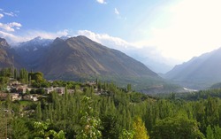 View over Karimabad and the green Hunza Valley on a summer day, Pakistan 2019