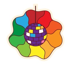 A disco ball from which a rainbow glows. Psychedelic retro sticker in cartoon style. Funky, hippie retro element. Vector illustration of 70s, 80s.