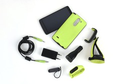 Mobile accessories include case, holder and smart watch, car mobile charger, hands free, AUX cable flat lay