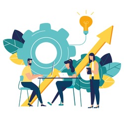 vector illustration a group of people characters are thinking over an idea. prepare a business project start up. rise of the career to success, flat color icons, business analysis  vector
