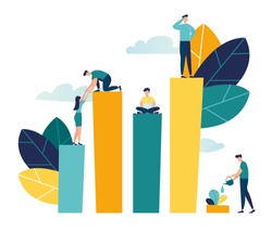 Vector creative illustration of business graphics, the company is engaged in the joint construction of column graphs, the rise of the career to success, flat color icons, business analysis  vector