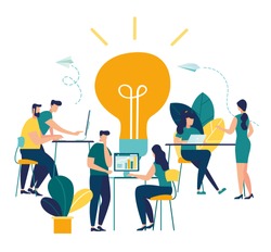 vector illustration, online assistant at work. promotion in the network. manager at remote work, searching for new ideas solutions, working together in the company, brainstorming vector