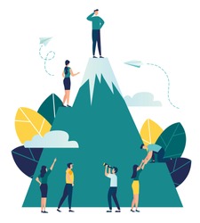 Vector business illustration, employees are looking for a way to their goal, climb a mountain that would take the top, look into the future perspective vector
