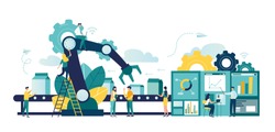 Vector illustration, a production line with workers, automation and user interface concept: user connecting with a tablet and sharing data with a cyber-physical system, Smart industry 4.0