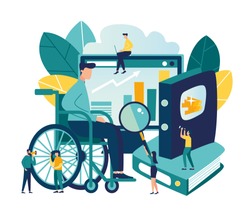 Vector flat illustrations, online courses for employees with disabilities, advanced training, analysis of infographics.