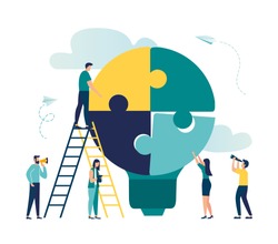 Vector illustration of people with lightbulb puzzle, business concept. Team metaphor. people connecting puzzles vector