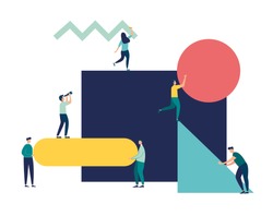 vector illustration flat people. A team of people assemble an abstract geometric puzzle. characters collect geometric shapes
