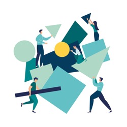 vector illustration flat people. A team of people assemble an abstract geometric puzzle. characters collect geometric shapes vector