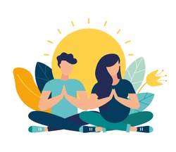 Vector illustration. yoga health benefits of the body, mind and emotions, a pregnant woman with her partner in a yoga pose meditate. preparing parents for childbirth vector
