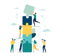 Business concept. Team metaphor. people connecting puzzle elements. Vector illustration flat design style. Symbol of teamwork, cooperation, partnership  vector