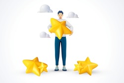 3d man review 5 stars in mobile application. high positive feedback realistic 3d high customer rating on the job. stars golden yellow glossy color ,stars quality rating vector illustration render