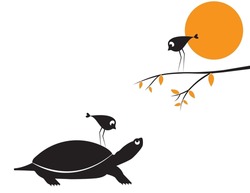 Turtle silhouette and birds on branch illustration, vector. Turtle and birds cartoon illustration isolated on white background. Childish minimalist art design. Wall decals, wall art, artwork.
