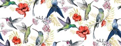 Seamless pattern with floral romantic elements, hand drawn colibri for your design. Endless texture, sketch humming-birds, watercolor flowers, isolated on white background. Vector illustration. 