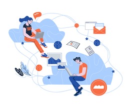 Cloud networking and social media communication concept with people working on laptop. Connectivity, cloud storage and worldwide information sharing technology. Cartoon vector illustration.