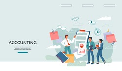 Accounting and finance audit web banner template with business people characters.  Maintaining financial statements of a company and processing tax documents services, flat vector illustration.