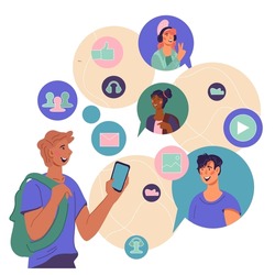 Social media network and teamwork, internet  communications concept with cartoon characters. People discuss news, chatting and messaging. Banner with dialogue speech bubbles, flat vector illustration.